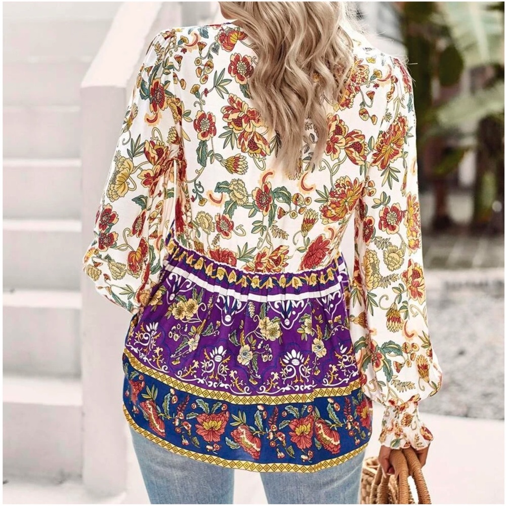 018 Boho Floral Print Cottagecore Blouse - Picture 4 of 4